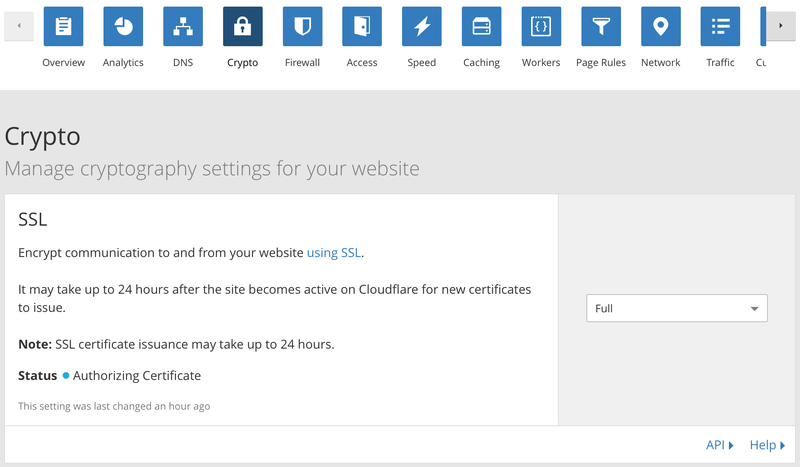 El proceso de setup de SSL de CloudFlare me demoró varias horas. Me lo informaron correctamente en su web, así que es algo normal, pero es importante tener en cuenta porque esto puede generar retrasos para finalizar con la configuración del sitio web.