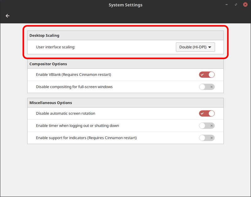 Configuración de escalado de escritorio en modo HiDPI en Linux Mint Cinnamon